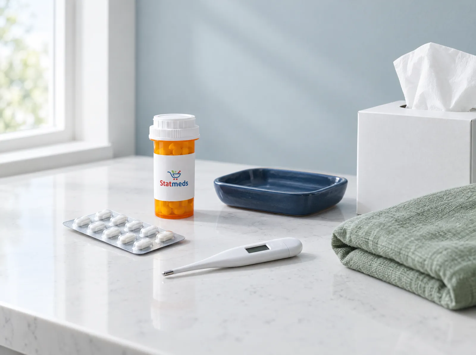 Prescription vial, a blister pack, a digital thermometer and a box of tissues on a quartz counter