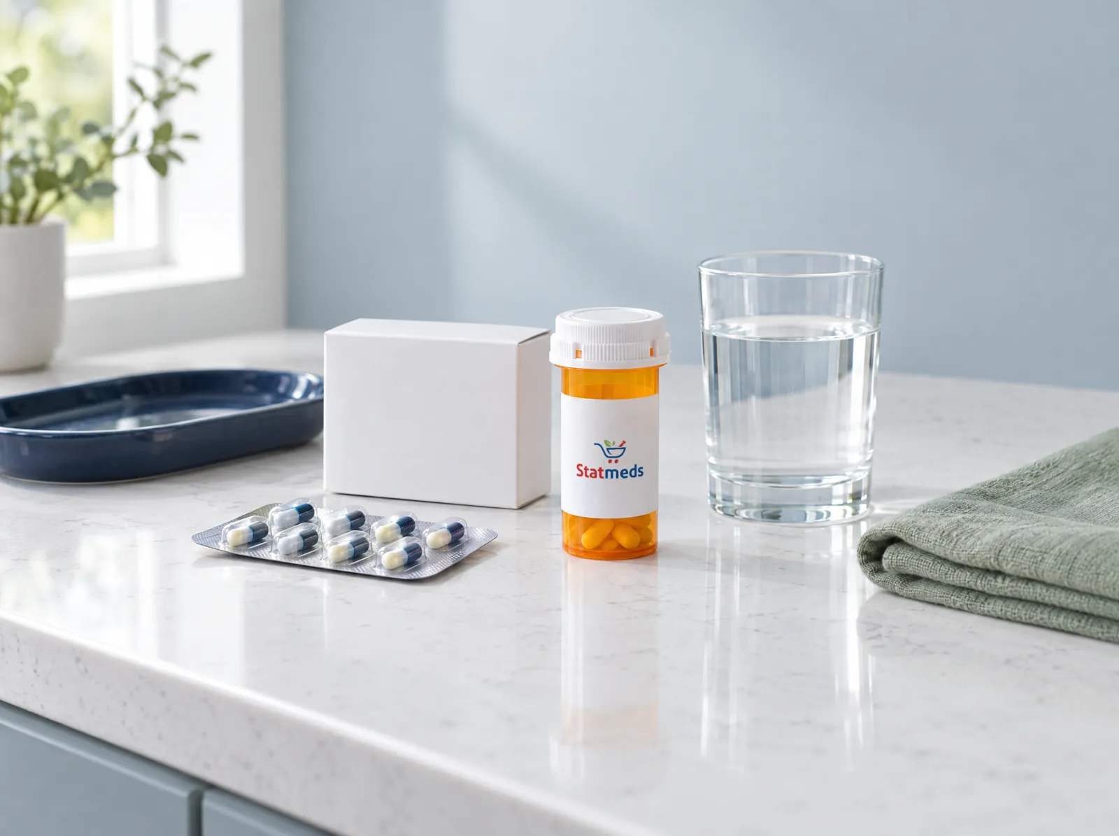 White medicine box, a prescription vial, a blister pack and a glass of water on a quartz counter