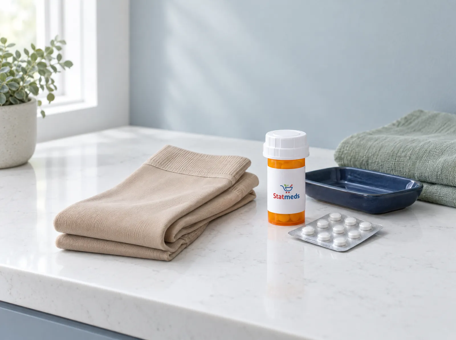 Folded compression stockings, a prescription vial and a blister pack on a quartz counter