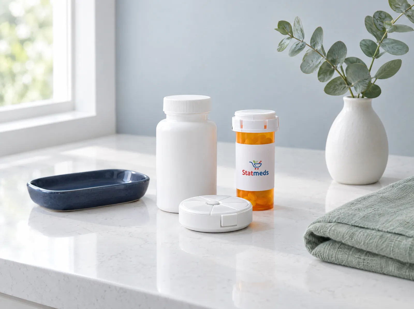 Calcium supplement bottle, a compact pill dispenser, a prescription vial and eucalyptus in a vase on a quartz counter