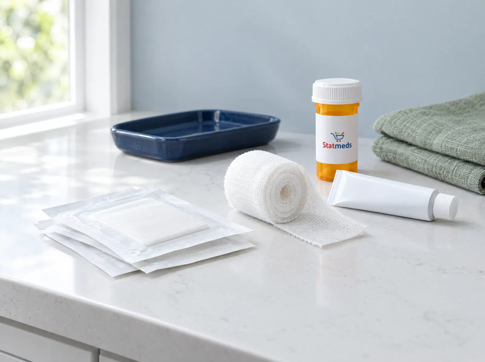 Sterile dressing packets, a roll of gauze, a tube of ointment and a prescription vial on a quartz counter
